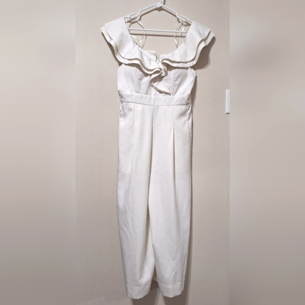 Ivory size 8 ruffle cream off the shoulder wide leg ankle jumpsuit with pockets